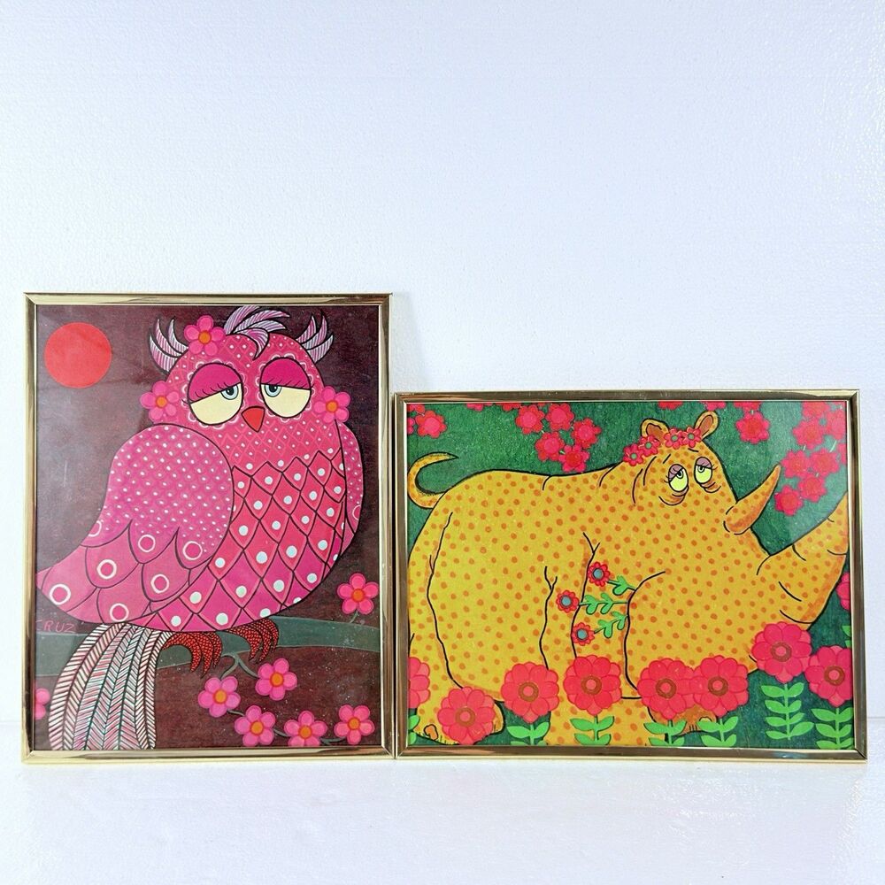 VTG Hector Herrera Cruz Grumpy Owl & Rhinoceros Folk Art Prints W/ Frames MCM